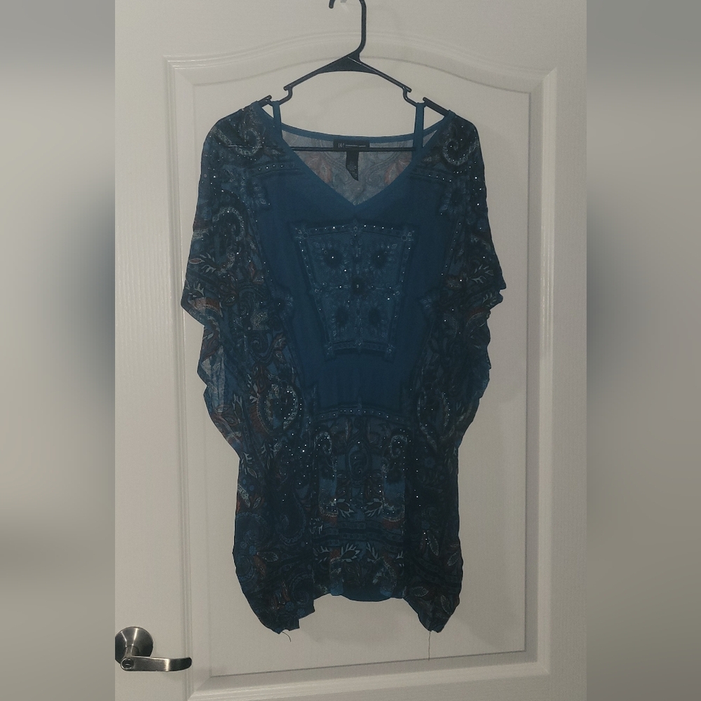 INC International Concepts Teal V-Neck Short Sleeve Mesh Top with Tank Top